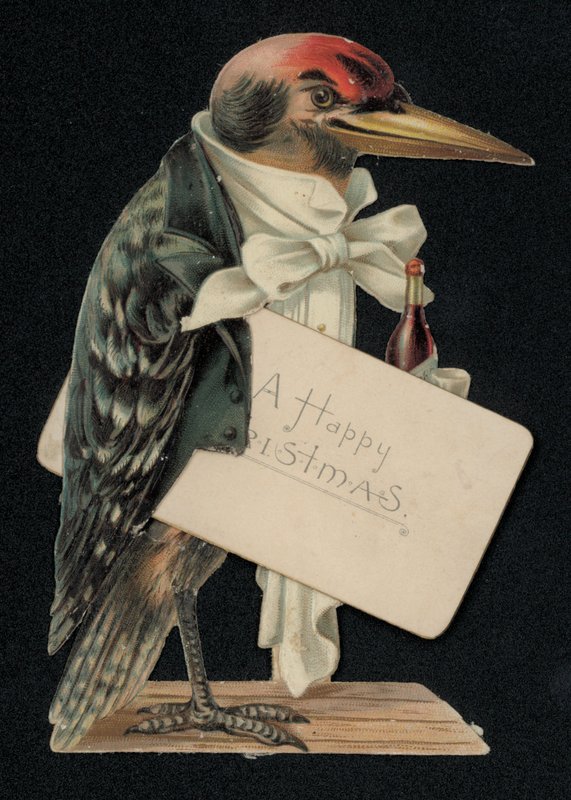 Pica-pau vestido de garçom ou mordomo, cartão de felicitações de Natal (chromolitho) de English School