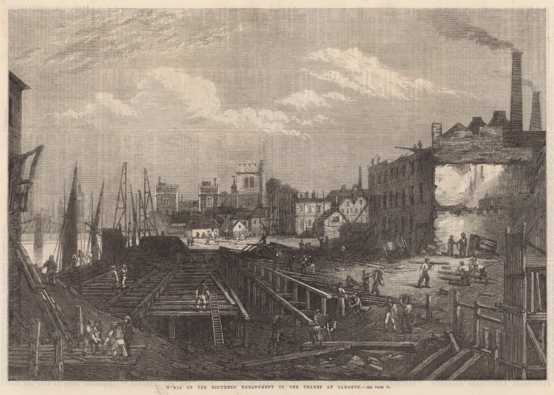 Obras do dique sul do rio Tâmisa em Lambeth de English School