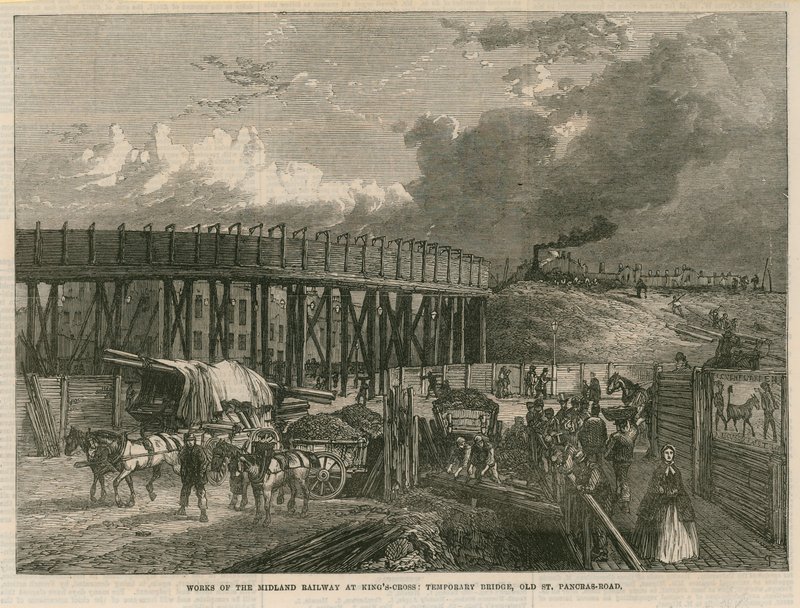 Trabalha na Ferrovia de Midland em Kings Cross, Londres; ponte temporária, Old St Pancras Road de English School