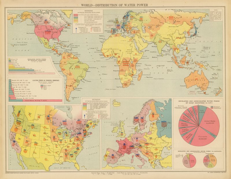 Mundo, distribuição de energia hídrica (litografia a cores) de English School