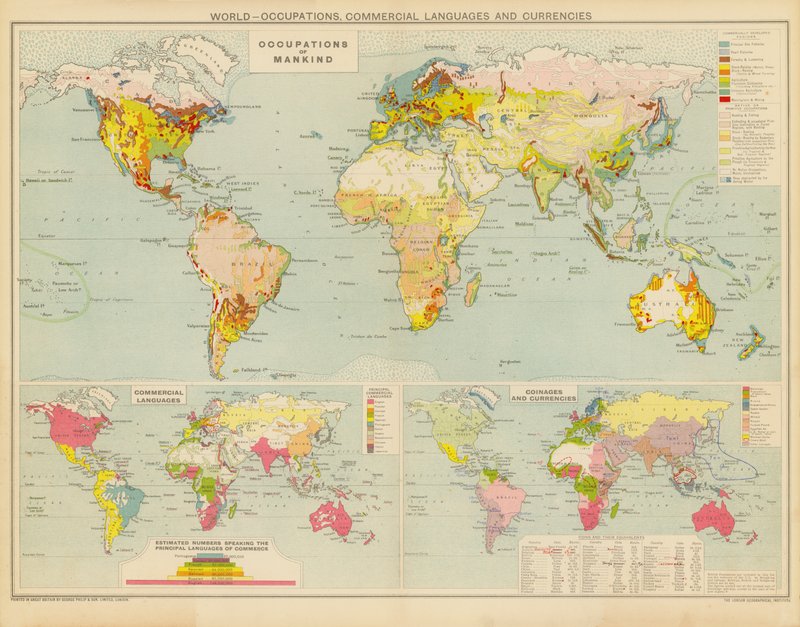 Mundo, profissões, línguas comerciais e moedas (litografia a cores) de English School