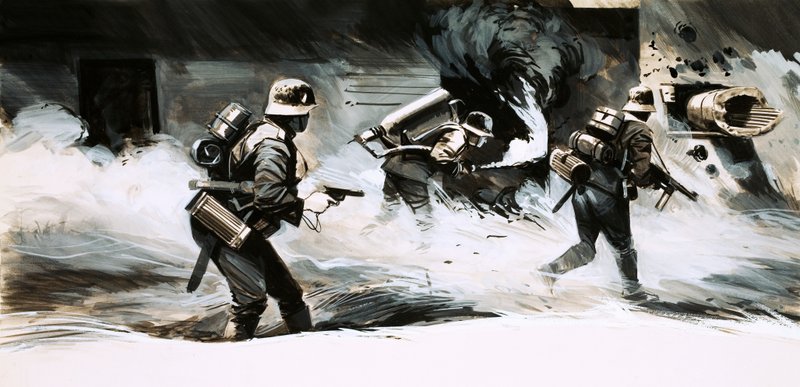 Soldados da 2ª Guerra Mundial atacam um bunker com um lança-chamas de English School