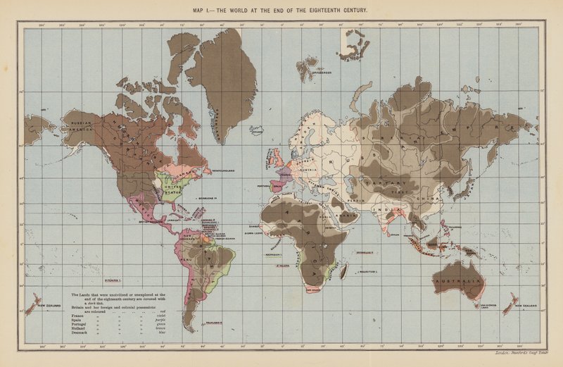 O mundo no final do século XVIII (litografia a cores) de English School