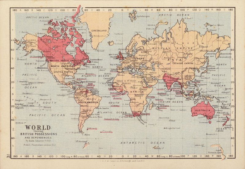 Mundo mostrando as possessões e dependências britânicas (litografia a cores) de English School