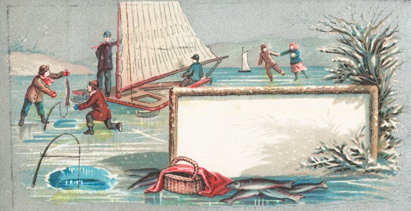 Yachting, pesca e patinando no gelo, cartão de Natal de English School