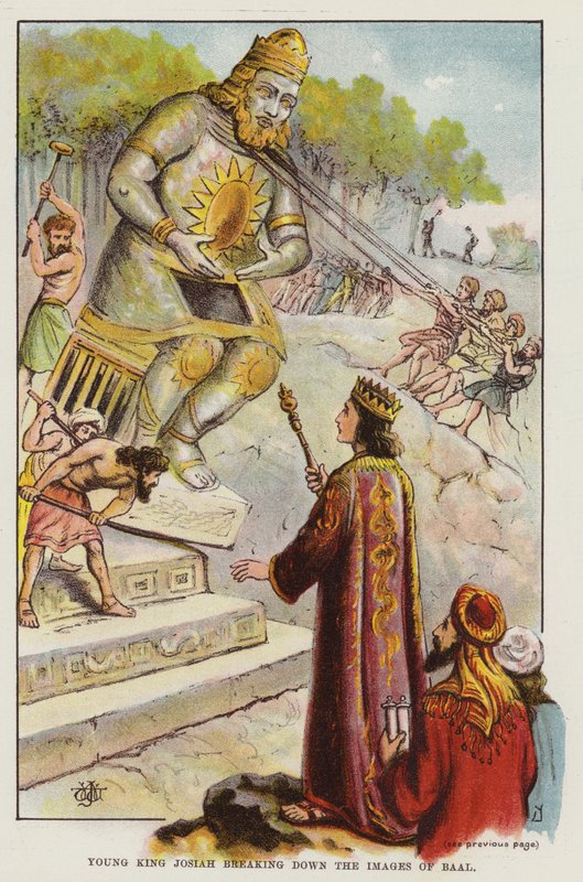 O jovem rei Josias quebrando as imagens de Baal (cor litho) de English School