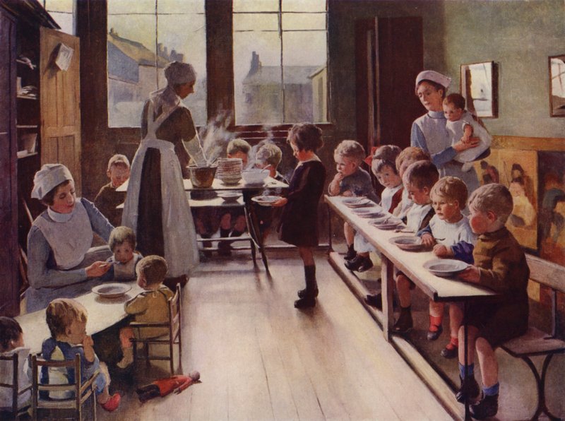 Crianças pequenas à hora da refeição numa creche (cor litho) de English School
