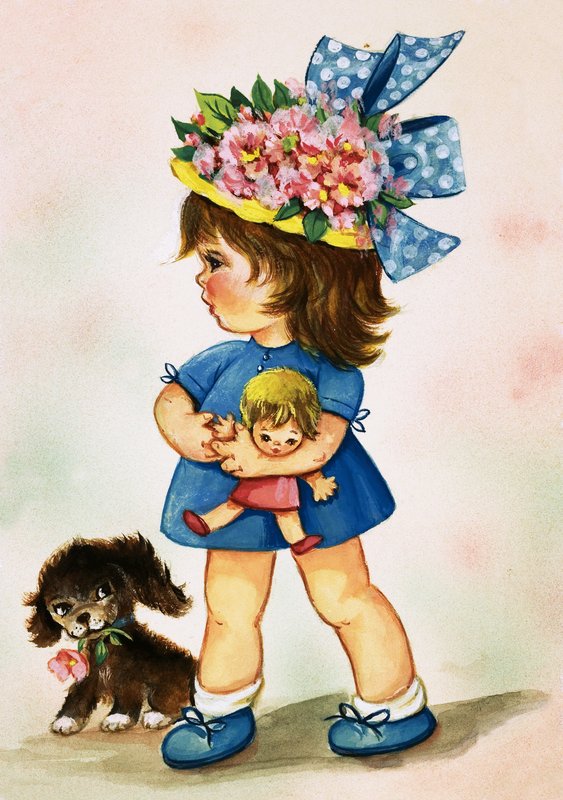 Menina jovem, em, chapéu florido, com, boneca, e, filhote cachorro de English School