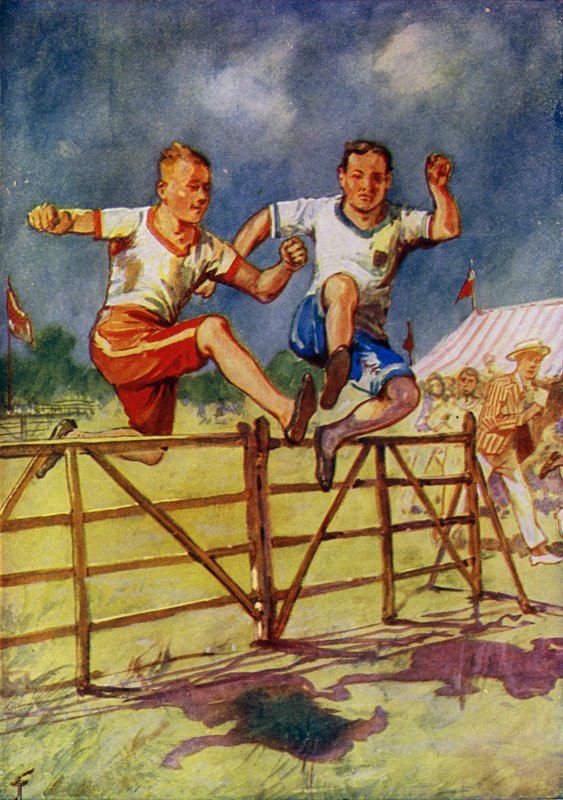 Homens jovens competindo em uma corrida de obstáculos (lito colorido) de English School