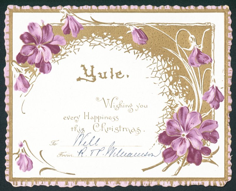 Yule, flores violetas, cartão de Natal de English School
