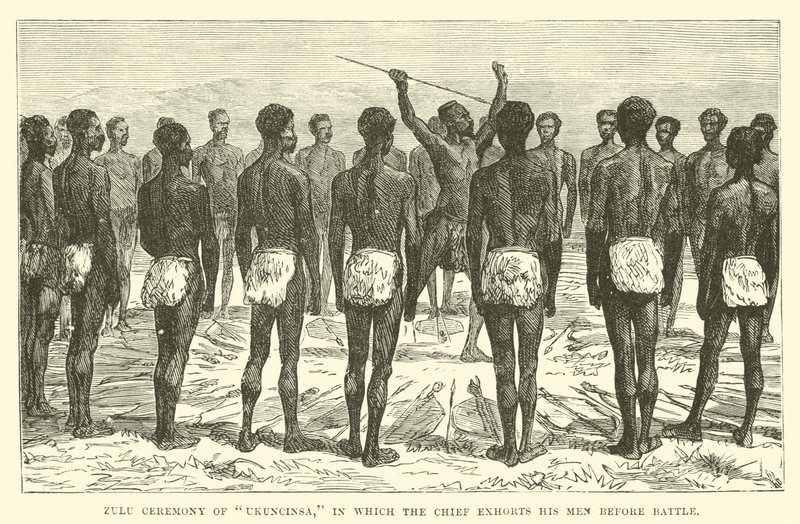 Cerimônia Zulu de Ukuncinsa, em que o chefe exortar seus homens antes da batalha de English School