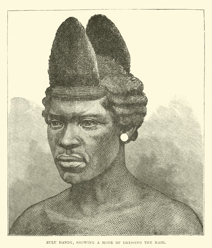 Zulu dândi, mostrando uma maneira de vestir o cabelo de English School