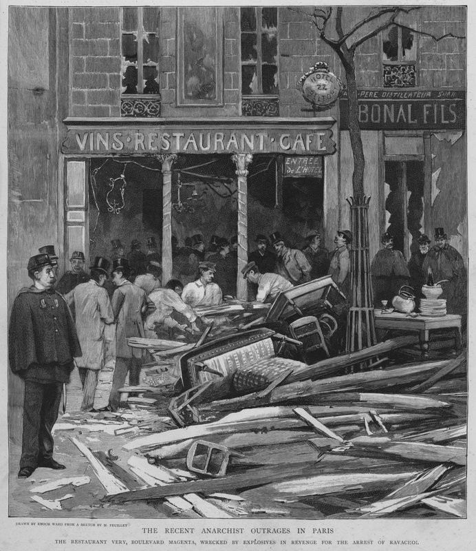 Terror anarquista em Paris: bombardeio do Restaurante Muito na Boulevard de Magenta em vingança pela prisão de Ravachol, 25 de Abril de 1892 (litho) de Enoch Ward