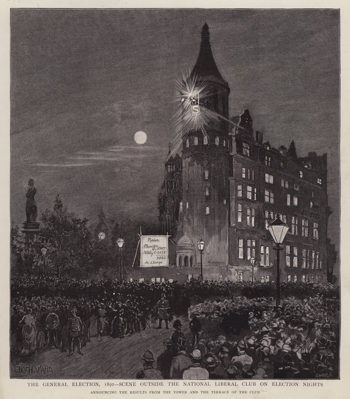 Anúncio dos resultados das eleições gerais de 1892 do Clube Liberal, Westminster, Londres (litho) de Enoch Ward