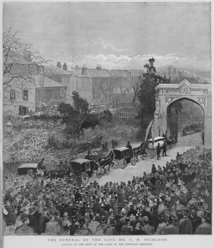 Procissão fúnebre levando o corpo do pregador batista particular inglês Charles Haddon Spurgeon chegando aos portões do Cemitério de Norwood, Londres de Enoch Ward