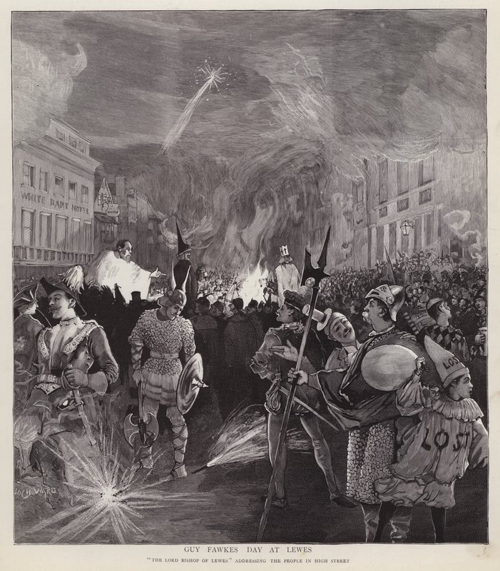 Procissão do Dia de Guy Fawkes em Lewes, Sussex, 5 de Novembro de 1892 (litho) de Enoch Ward