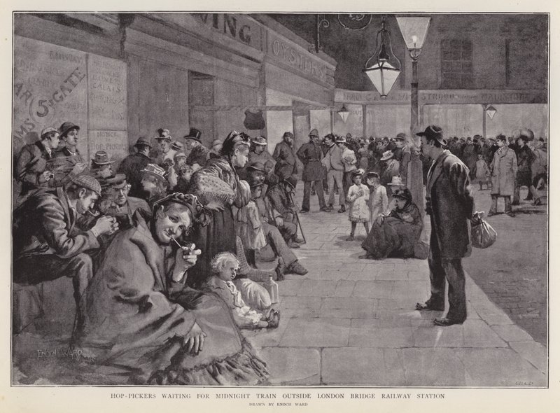 Colhedores de lúpulo à espera do comboio da meia-noite para Kent (litho) de Enoch Ward