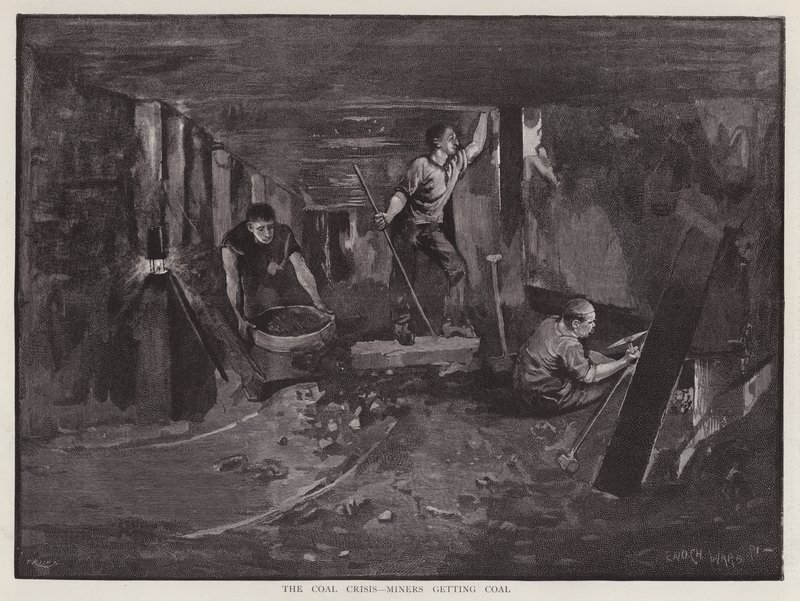 Mineiros que trabalham no subsolo na face do carvão (litho) de Enoch Ward