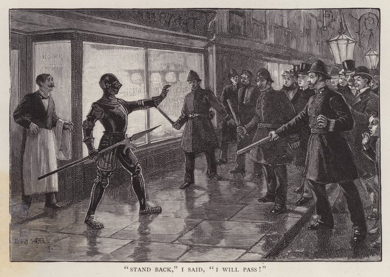 Polícias confrontados por um homem vestido com uma armadura medieval numa rua londrina (litho) de Enoch Ward