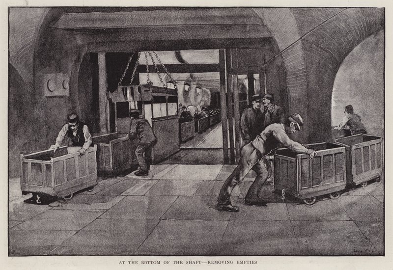 Remoção de caminhões de carvão vazios no fundo do poço de uma mina (litho) de Enoch Ward