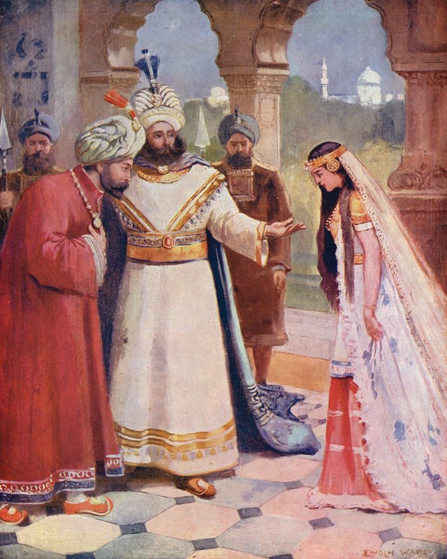 O rei apresenta Sindbad a uma dama da corte (litografia a cores) de Enoch Ward