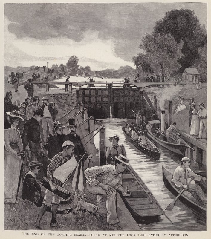 O fim da temporada de navegação: cena em Molesey Lock on the River Thames, Surrey (litho) de Enoch Ward
