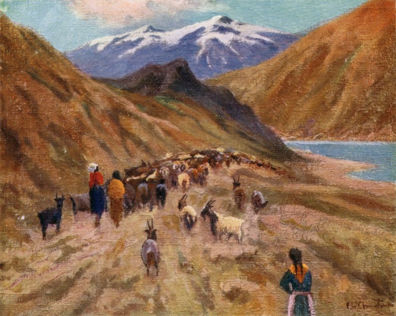 Meninas indianas dirigindo para casa seus rebanhos de cabra de Ernest William Christmas