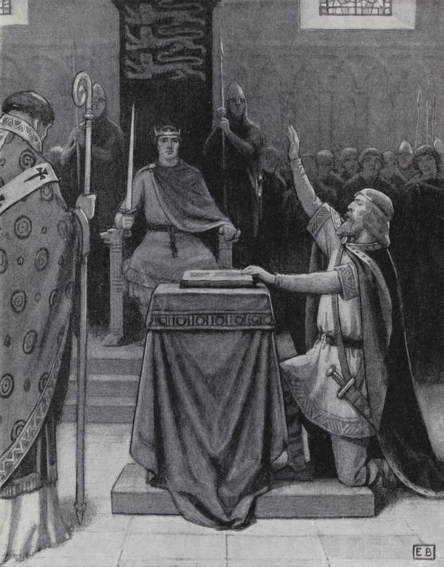 Harold Godwinson fazendo um juramento sobre relíquias sagradas em apoio a Guilherme, a reivindicação do Duque da Normandia ao trono inglês (litho) de Ernest (after) Board
