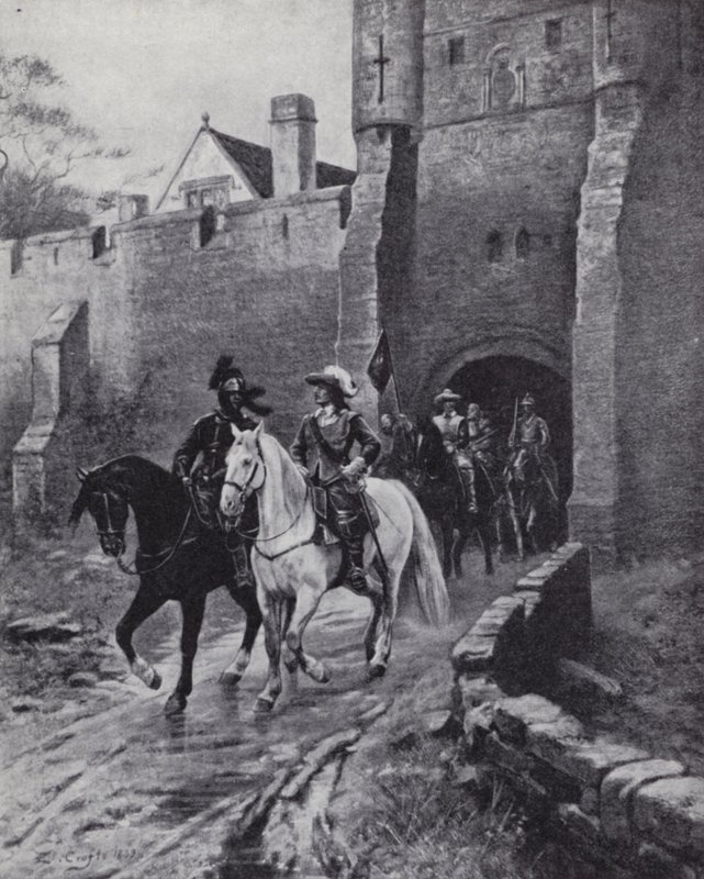 Oliver Cromwell com seu exército em Bootham Bar, York, quando Charles II tentou recuperar o trono em 1650 (litho) de Ernest (after) Crofts
