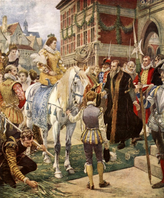 Rainha Elizabeth abre o Royal Exchange (cor litho) de Ernest (after) Crofts