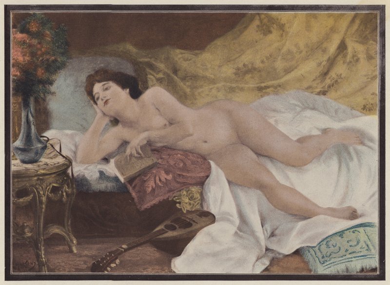 A última página do romance, mulher lendo (lito colorido) de Ernest Edouard Martens