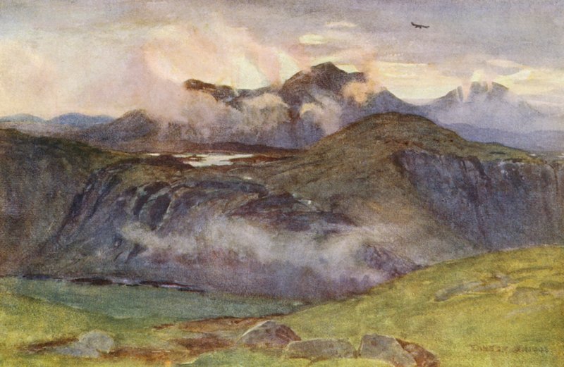 Merrick e Loch Enoch a partir do cume de Corscrine (litografia a cores) de Ernest Edward Briggs