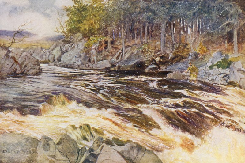 A pesca do salmão no Ken, um momento crítico (litografia a cores) de Ernest Edward Briggs