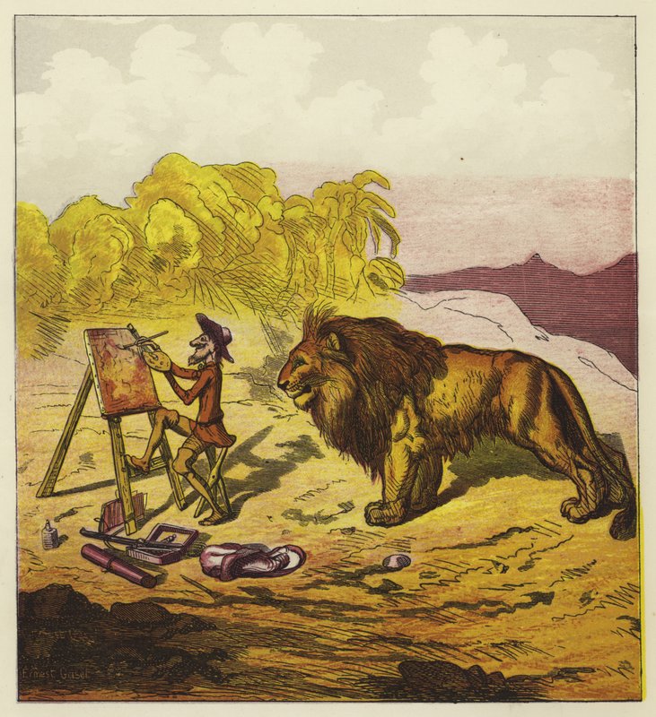 John Bold surpreendido por um leão enquanto pinta de Ernest Henry Griset