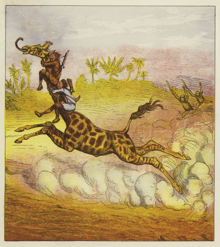 Os irmãos Bold escapam dos gorilas montando uma girafa de Ernest Henry Griset