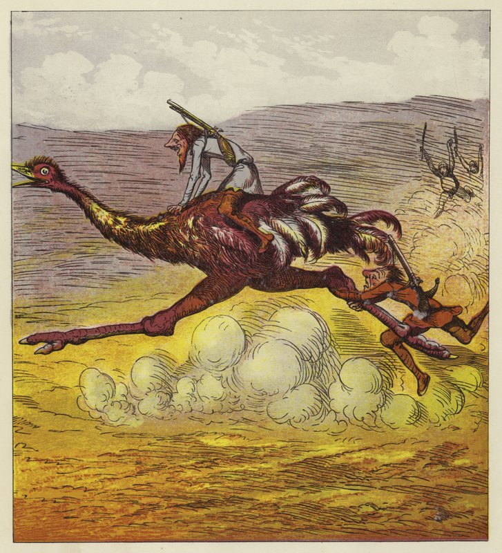 Os irmãos Bold escapam dos gorilas montando um avestruz de Ernest Henry Griset