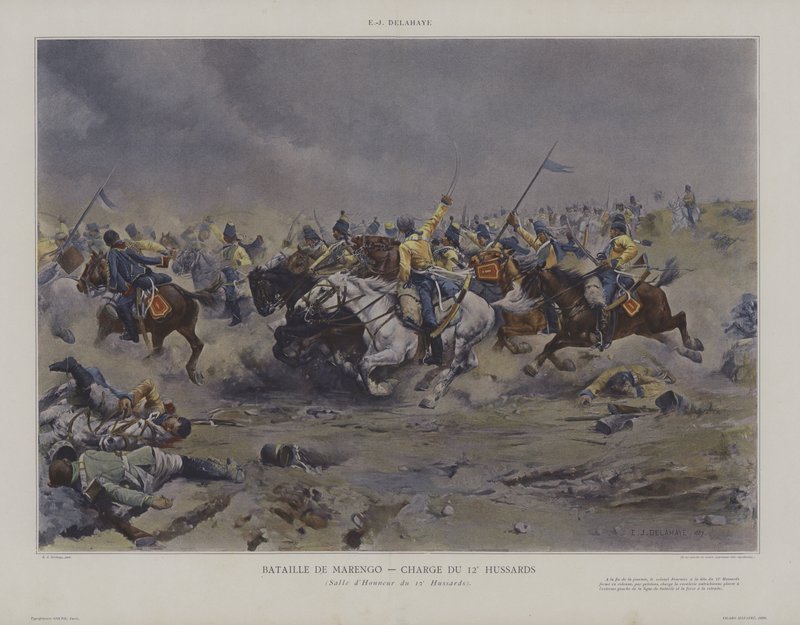 Bataille de Marengo - Carga du 12e Hussards (Carga dos 12º Hussardos na Batalha de Marengo) de Ernest Jean Delahaye