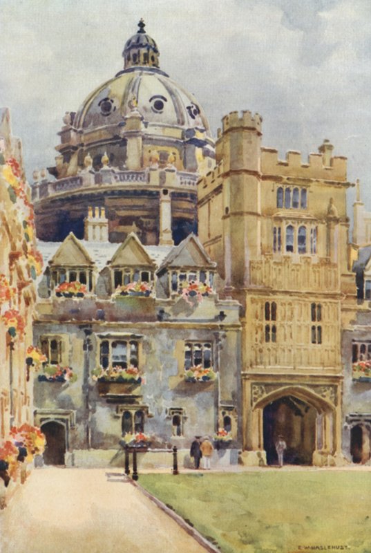 Brasenose College e Biblioteca Radcliffe Rotunda (cor litho) de Ernest William Haslehust