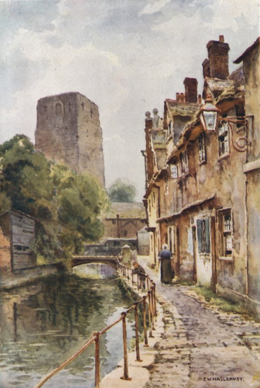 Fisher Row e Remains of Oxford Castle (lito colorido) de Ernest William Haslehust