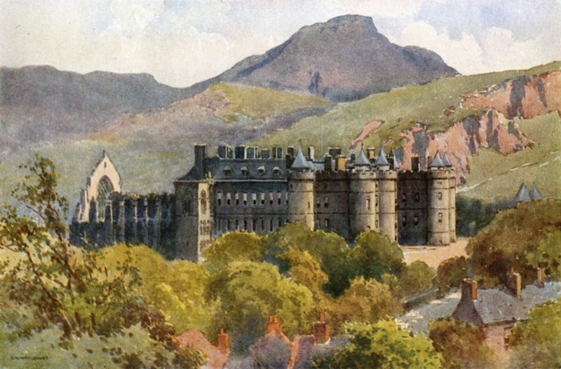 Palácio de Holyrood: Sede de Arthur no Fundo (cor litho) de Ernest William Haslehust