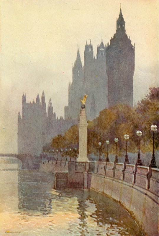 Câmaras do Parlamento a partir do aterro (cor litho) de Ernest William Haslehust