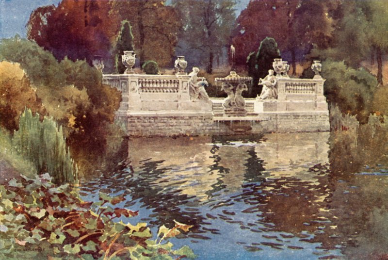 Lancaster Gate Fountain, Kensington Gardens (lito colorido) de Ernest William Haslehust