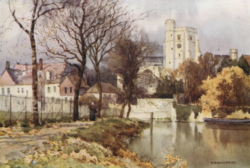 Pedra da Criadagem, Igreja de Todos os Santos e o Palácio (cor litho) de Ernest William Haslehust