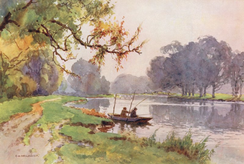 Rio Tamisa: Acima da eclusa, Weybridge (litografia a cores) de Ernest William Haslehust