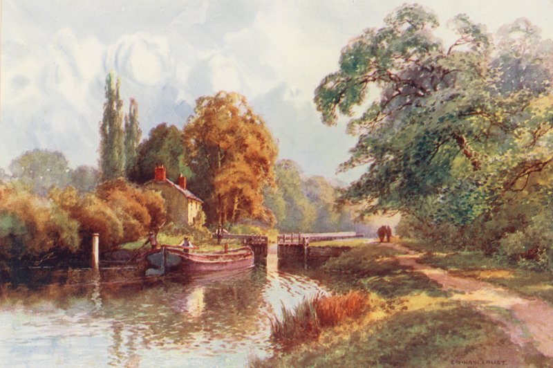 Rio Tamisa: Eclusa de Sonning (litografia a cores) de Ernest William Haslehust