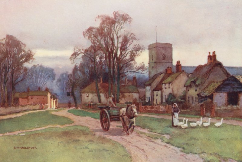 Rio Tamisa: Sutton Courtney Village (litografia a cores) de Ernest William Haslehust