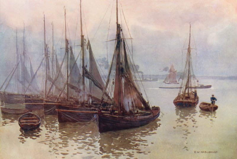 Rio Tamisa: The Shrimping Fleet, Gravesend (litografia a cores) de Ernest William Haslehust
