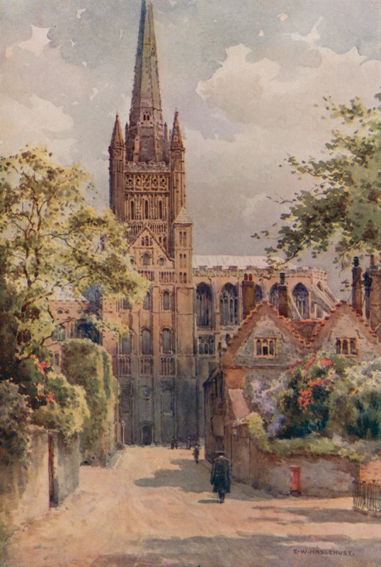 The Cathedral Precincts, Norwich (lito colorido) de Ernest William Haslehust