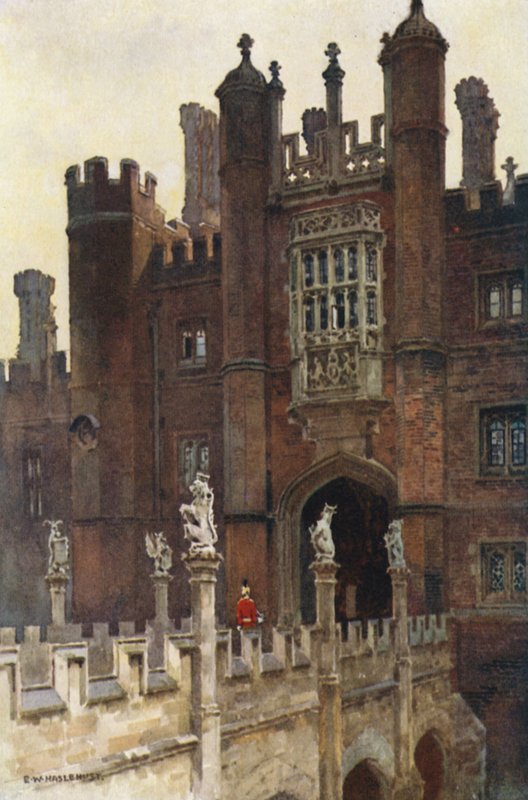 The Great Gatehouse, West Entrance (lito colorido) de Ernest William Haslehust