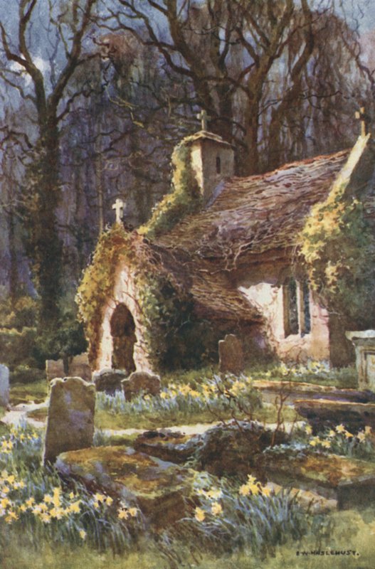 A Igreja Velha, Bonchurch (cor litho) de Ernest William Haslehust